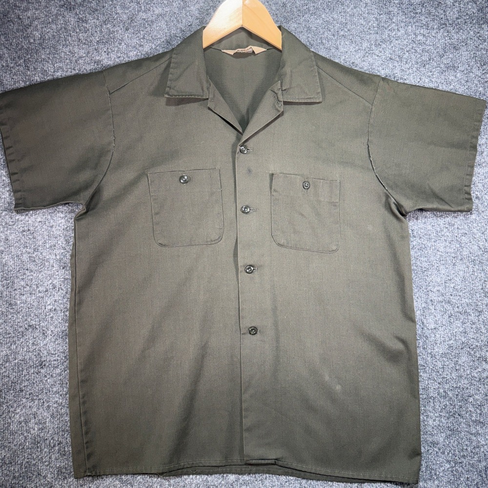 Vintage Penny's Permanent Press Shirt Men's Medium Green Military Utility 70s